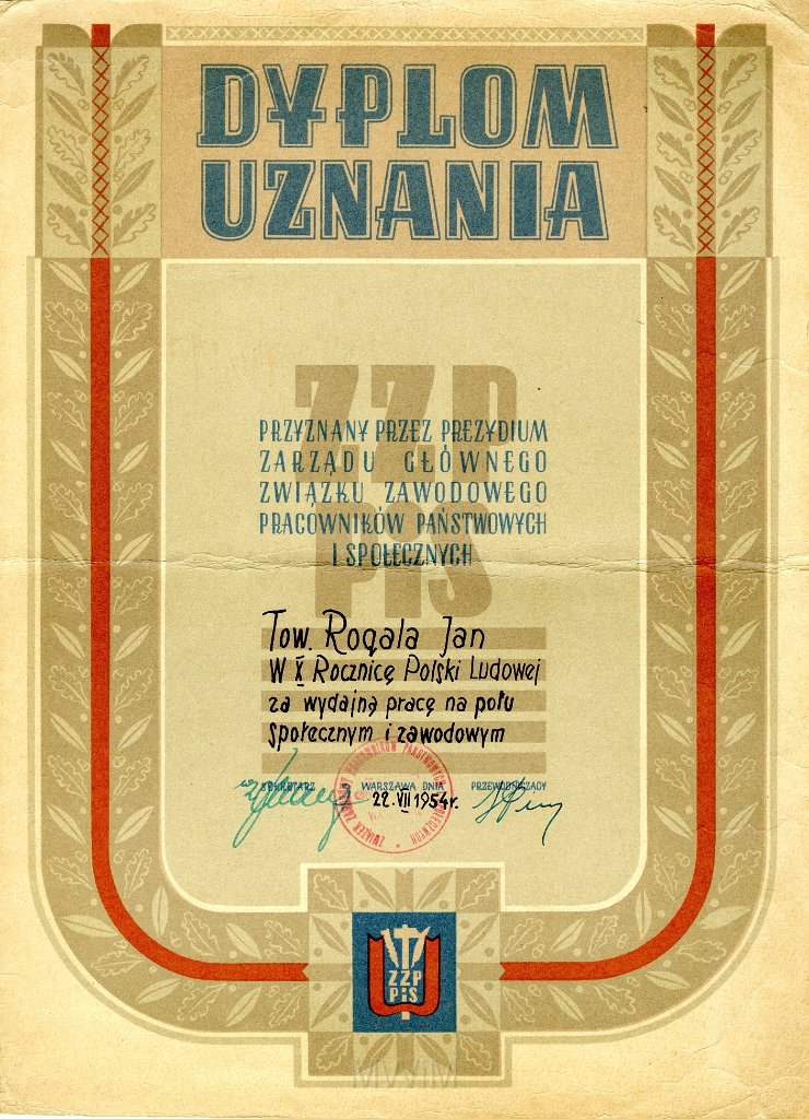 KKE 5736.jpg - Dok. Dyplom uznania wystawiony Zarząd Głowny Związku Zawodowego Pracowników Państwowych i Społecznych dla Jana Rogala, Warszawa, 22 VII 1954 r.